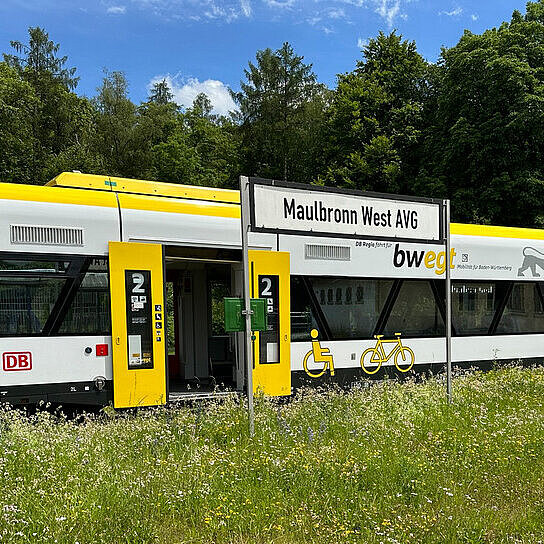 bwegt Zug in Bahnhof Maulbronn West AVG stehend